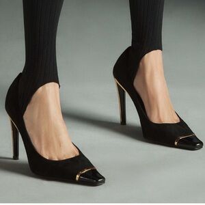Jeffrey Campbell Conspiracy Cap Toe Pump Metallic Gold Black Suede Heels